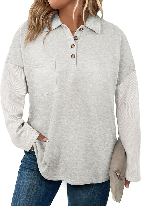 Eytino Plus Size Sweatshirts for Women Button V Neck Long Sleeve Waffle Patchwork Oversized Pullo... | Amazon (US)