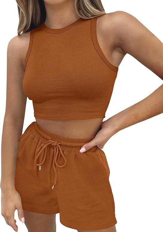 ZESICA Women's Waffle Knit Sleeveless Crop Top and Shorts Pullover Nightwear Lounge Pajama Set wi... | Amazon (US)