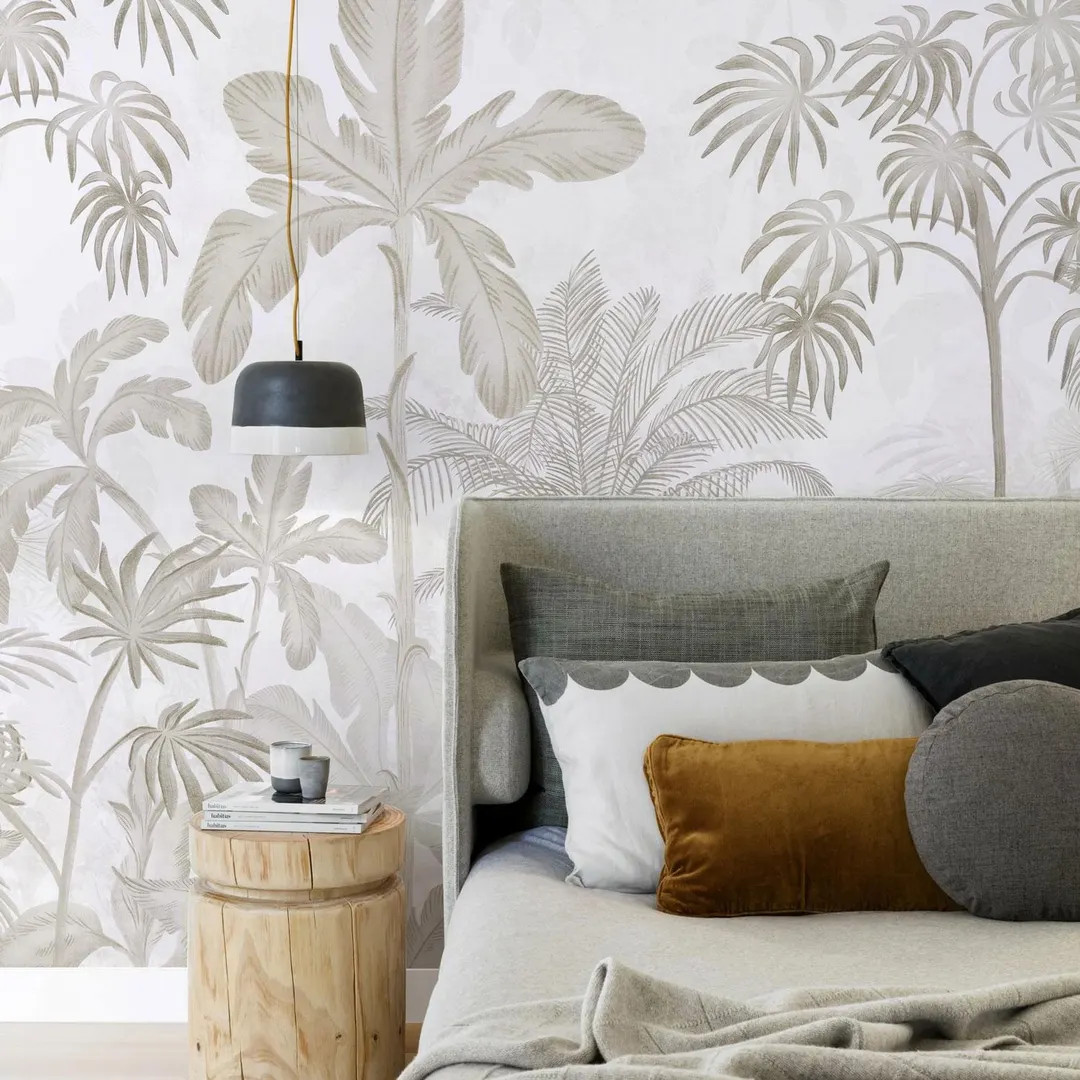 Beige Palm Tree Wallpaper, Neutral Tropical Mural for Bedroom or Living Room, Hand Drawn Botanica... | Etsy (Global)