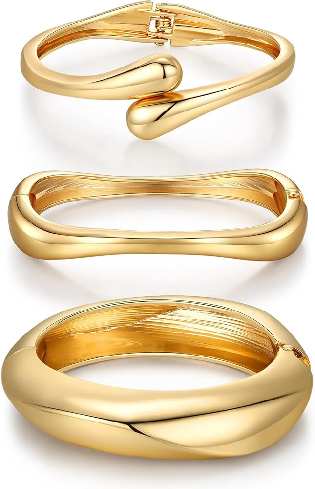 Chunky Gold Bangle Bracelets for Women Trendy 14K Gold Plated Cuff Bracelets Stack, Dainty Gold B... | Amazon (US)