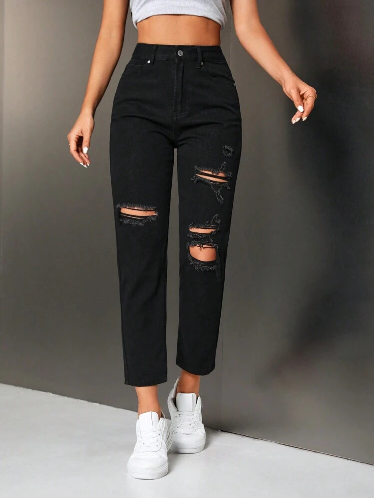 SHEIN Essnce Women's Casual And Versatile Cone-Shaped Jeans With Distressed Pockets | SHEIN