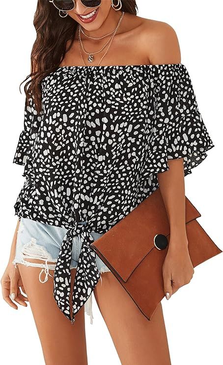 Hibluco Women's Off Shoulder Flare Sleeve Elastic Pullover Crop Top | Amazon (US)