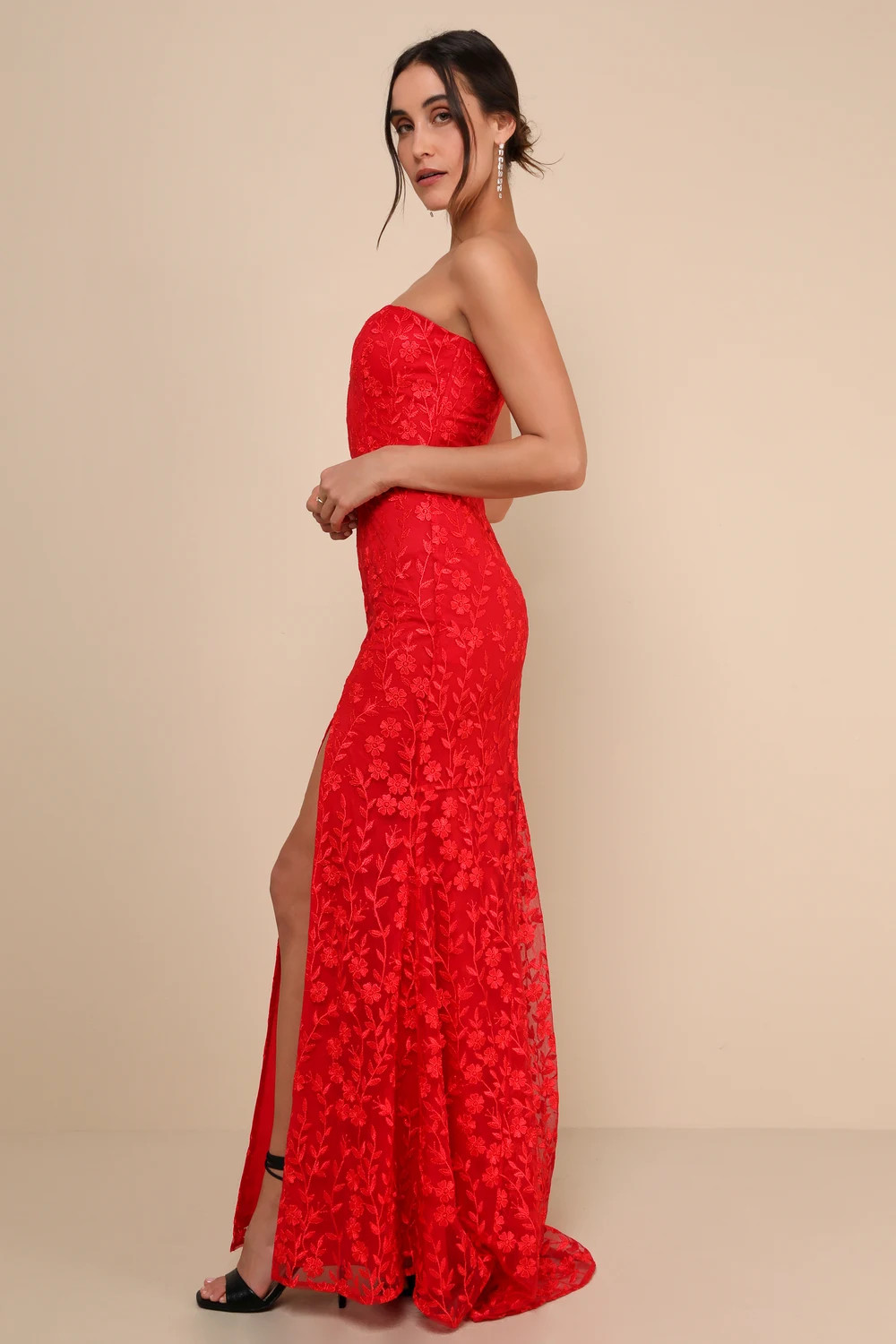 Romantic Beauty Red Floral Embroidered Strapless Maxi Dress | Lulus