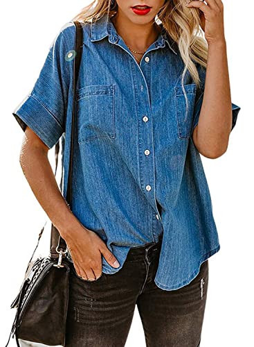 utcoco Women's Button Down Denim Shirt Casual Loose Short Sleeve Jean Shirts Tops with Pockets (X-Large, Dark Blue) | Amazon (US)