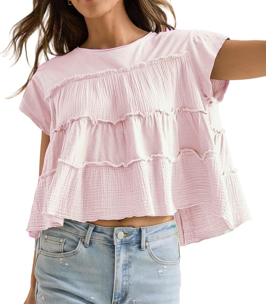 Peplum Tops for Women Crew-Neck Ruffled Bobydoll Tunic Tank Shirts Casual Loose Fit Summer Outfit... | Amazon (US)