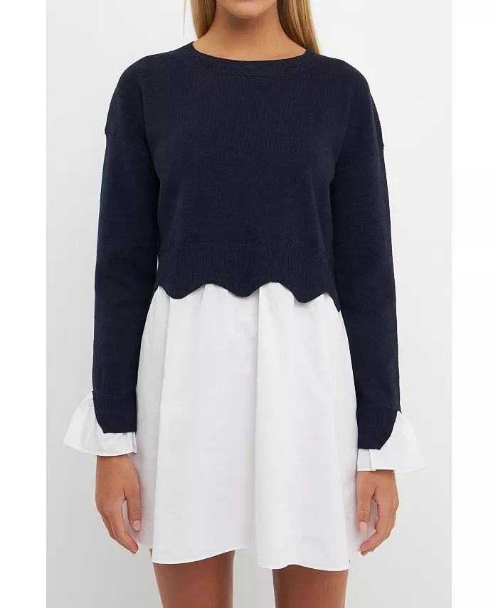 Women's Scalloped Knit Poplin Combo Dress | Macy's