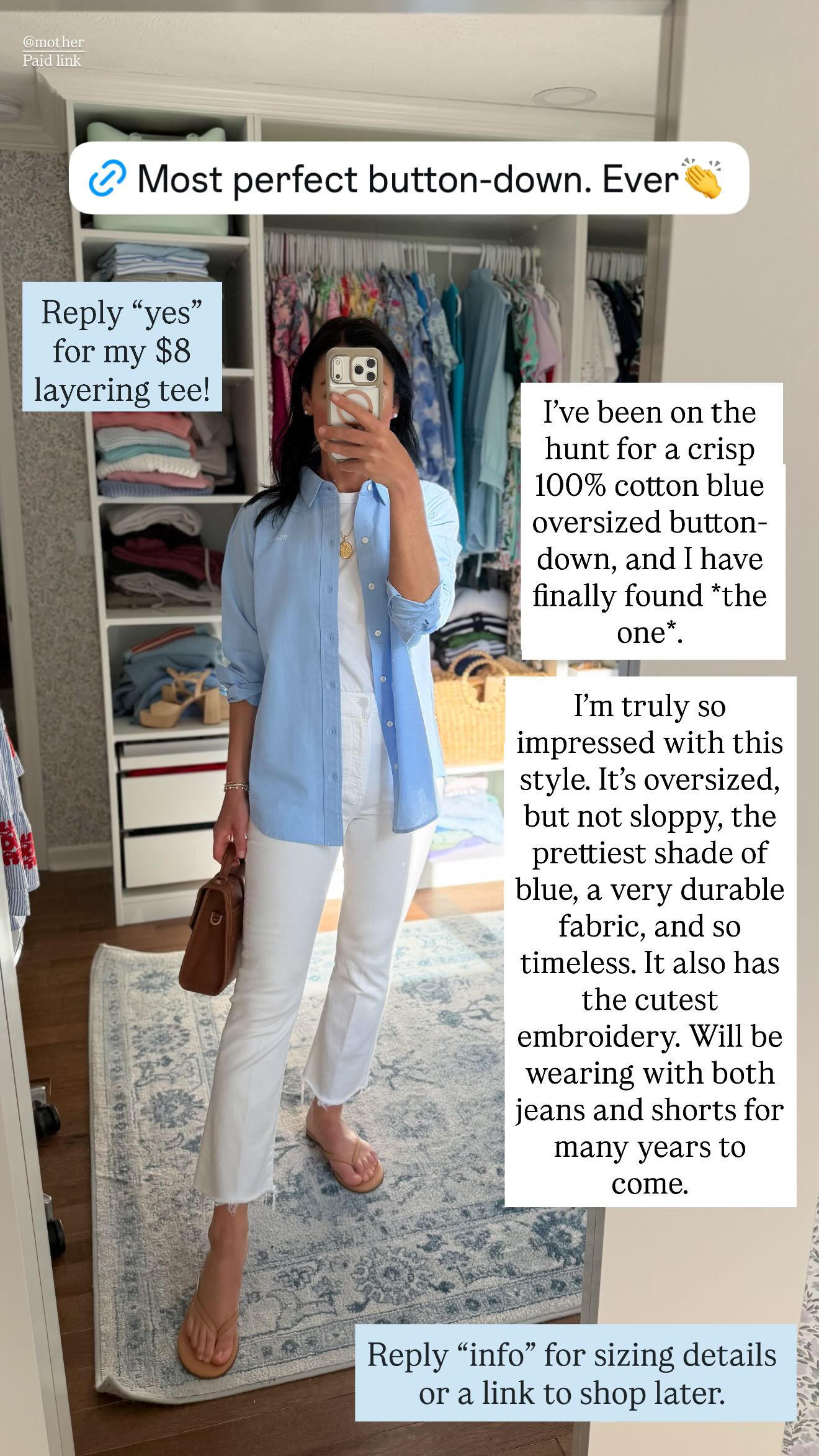 This is the most perfect oversized button down and it's 100% cotton. I love it in this gorgeous blue color. This button-down fits TTS (wearing XS). The jeans run small, size up. I'm wearing a 27 petite (I'm 5' 4").

summer outfit ,button down, women's style, women's outfit, white denim 

 #LTKootd #LTKPetite