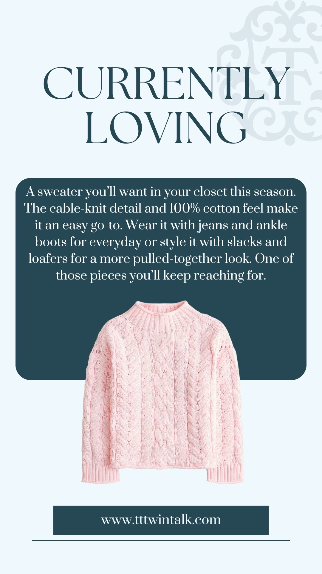 A sweater you’ll want in your closet this season. The cable-knit detail and 100% cotton feel make it an easy go-to. Wear it with jeans and ankle boots for everyday or style it with slacks and loafers for a more pulled-together look. One of those pieces you’ll keep reaching for.

#LTKMidsize #LTKSeasonal #LTKOver40