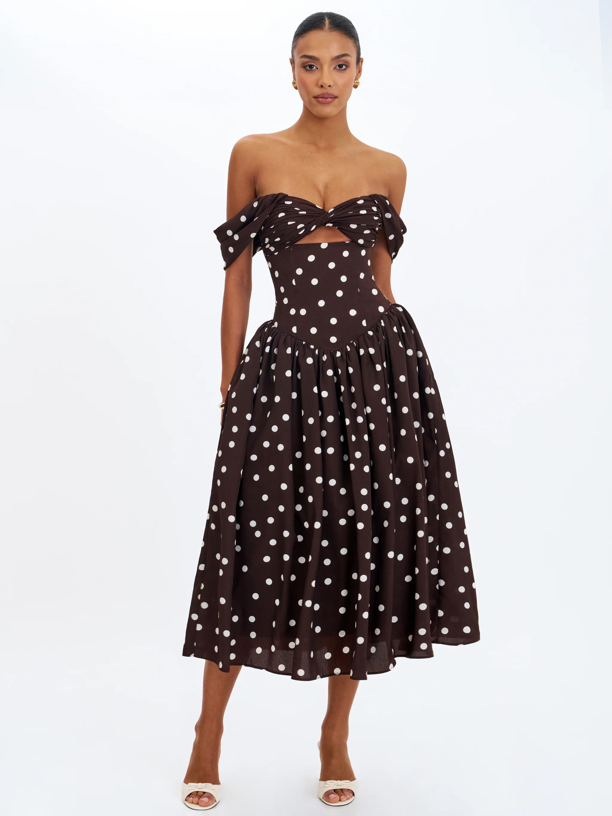Xandie Mocha Polka Dot Off-Shoulder Midi Dress | Miss Circle