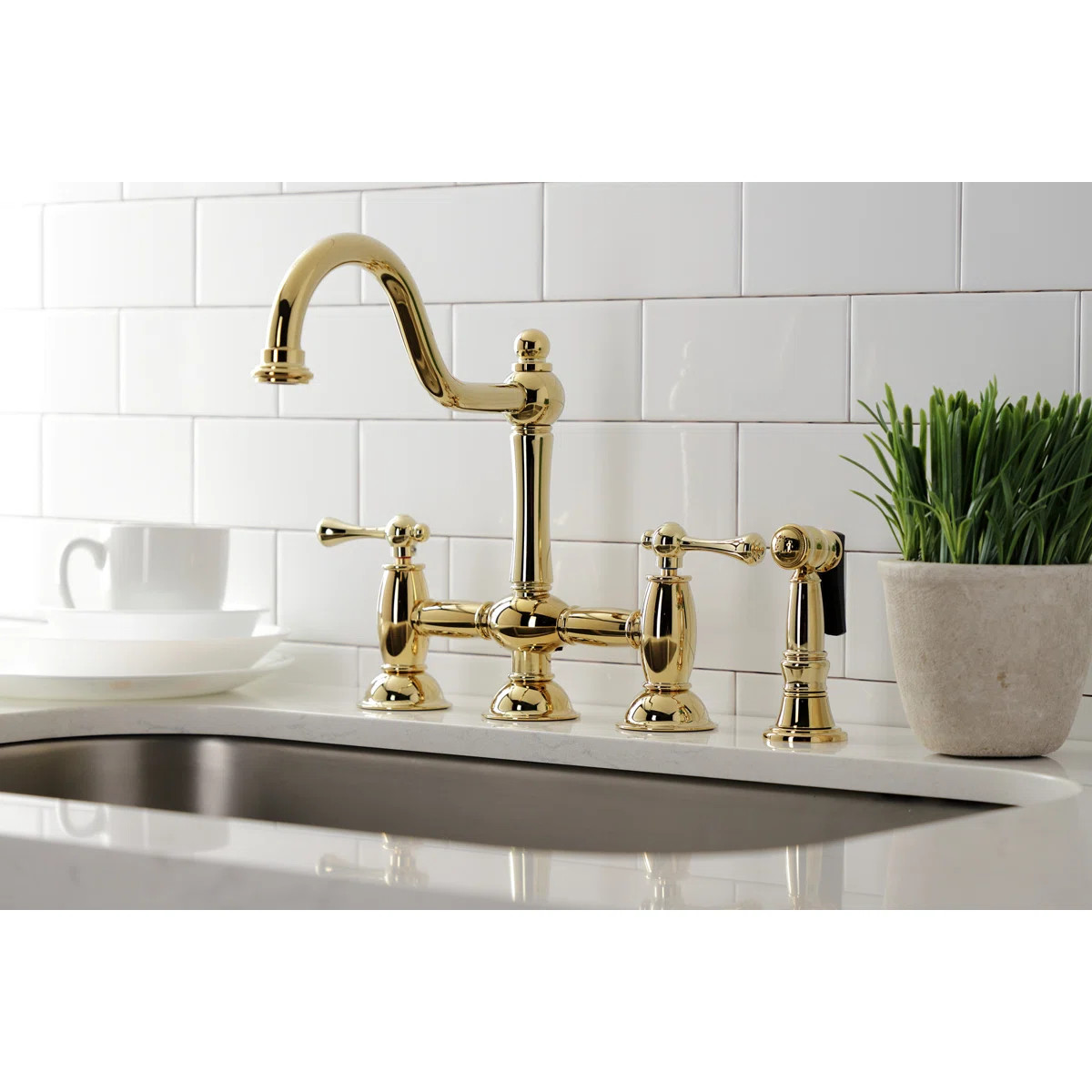 Kingston Brass Restoration Two-Handle 4-Hole Deck Mount Bridge Kitchen Faucet with Brass Side Spr... | Wayfair North America