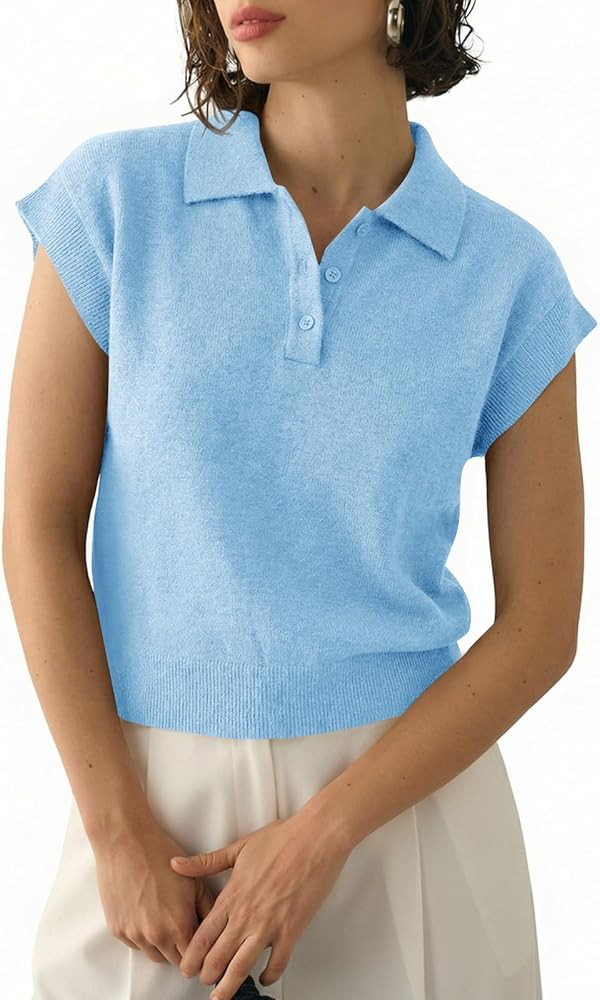 Saodimallsu Womens Cap Short Sleeve Sweater Top Summer Polo Shirts Button Collared Knit Business ... | Amazon (US)