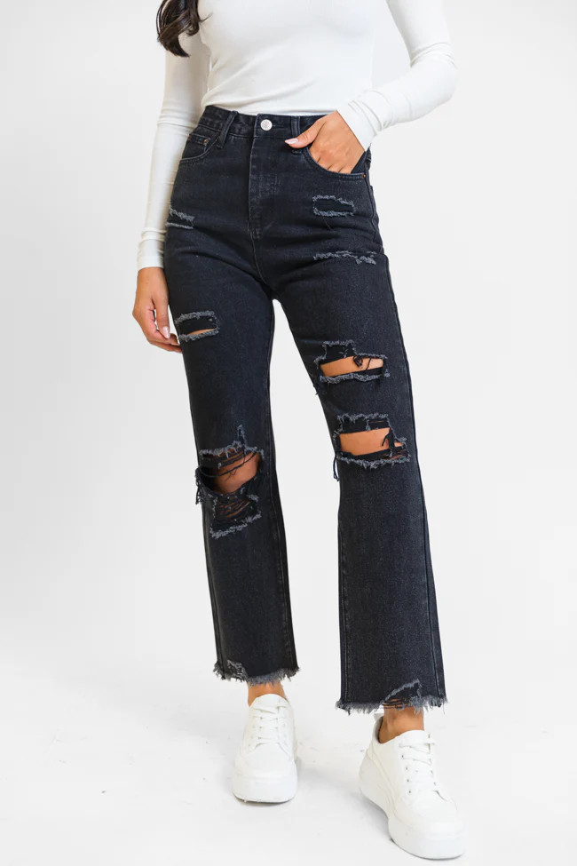 Megan Black Wash Distressed Straight Leg Mom Jeans | Pink Lily