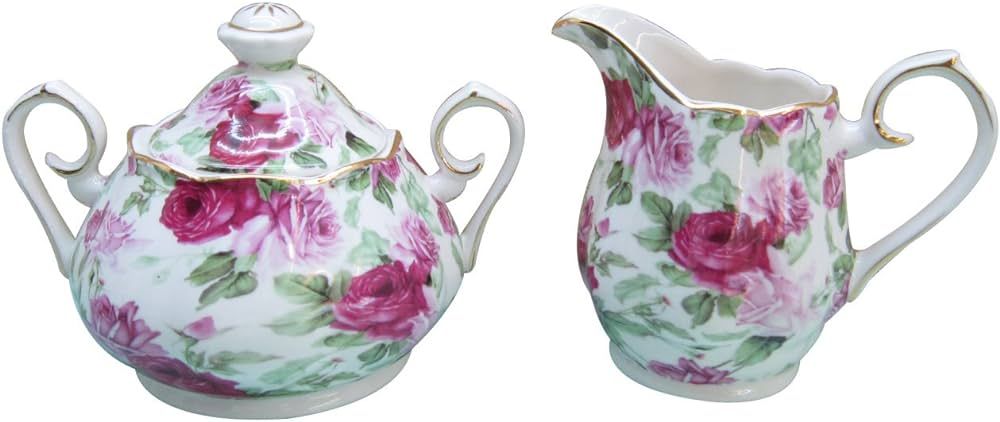 Gracie China Rose Chintz Porcelain 2-Piece Sugar and Creamer Set, Pink Summer Rose | Amazon (US)