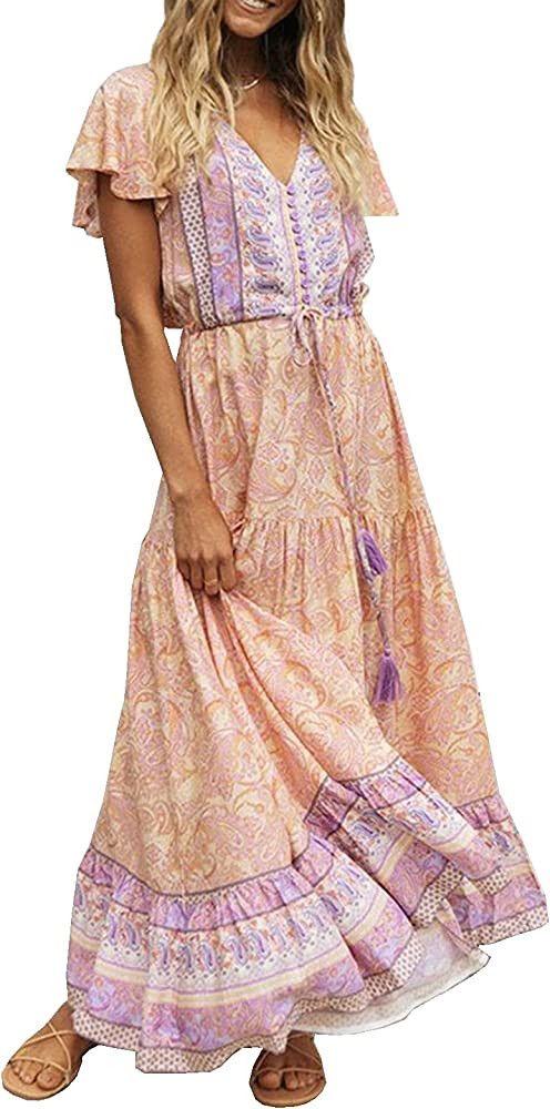R.Vivimos Womens Summer Floral Print Cotton Short Sleeve Flowy Dress, Amazon Fashion | Amazon (US)