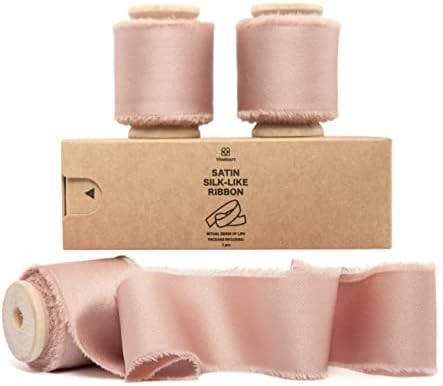 Vitalizart Rose Gold Satin Ribbon 1.5" x 15Yd with Wooden Spool Handmade Frayed Edged Fringe Silk... | Amazon (US)