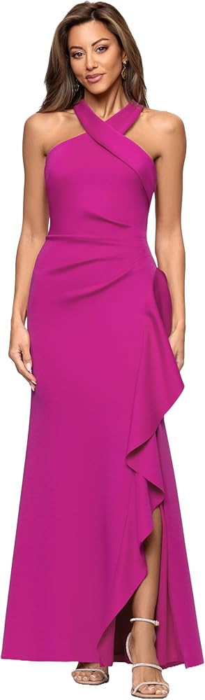 Xscape Women's Long, Bodycon Low-Sheen Cross Front Halter Neck Evening Dress with Ruching & Ruffl... | Amazon (US)