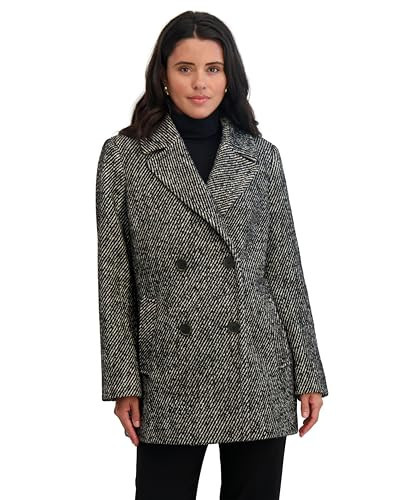 TAHARI Women's Relaxed Twill Wool Blend Double-Breasted Coat, Full Lined, Notch Collar, 30" Peacoat, Black Twill, Medium | Amazon (US)