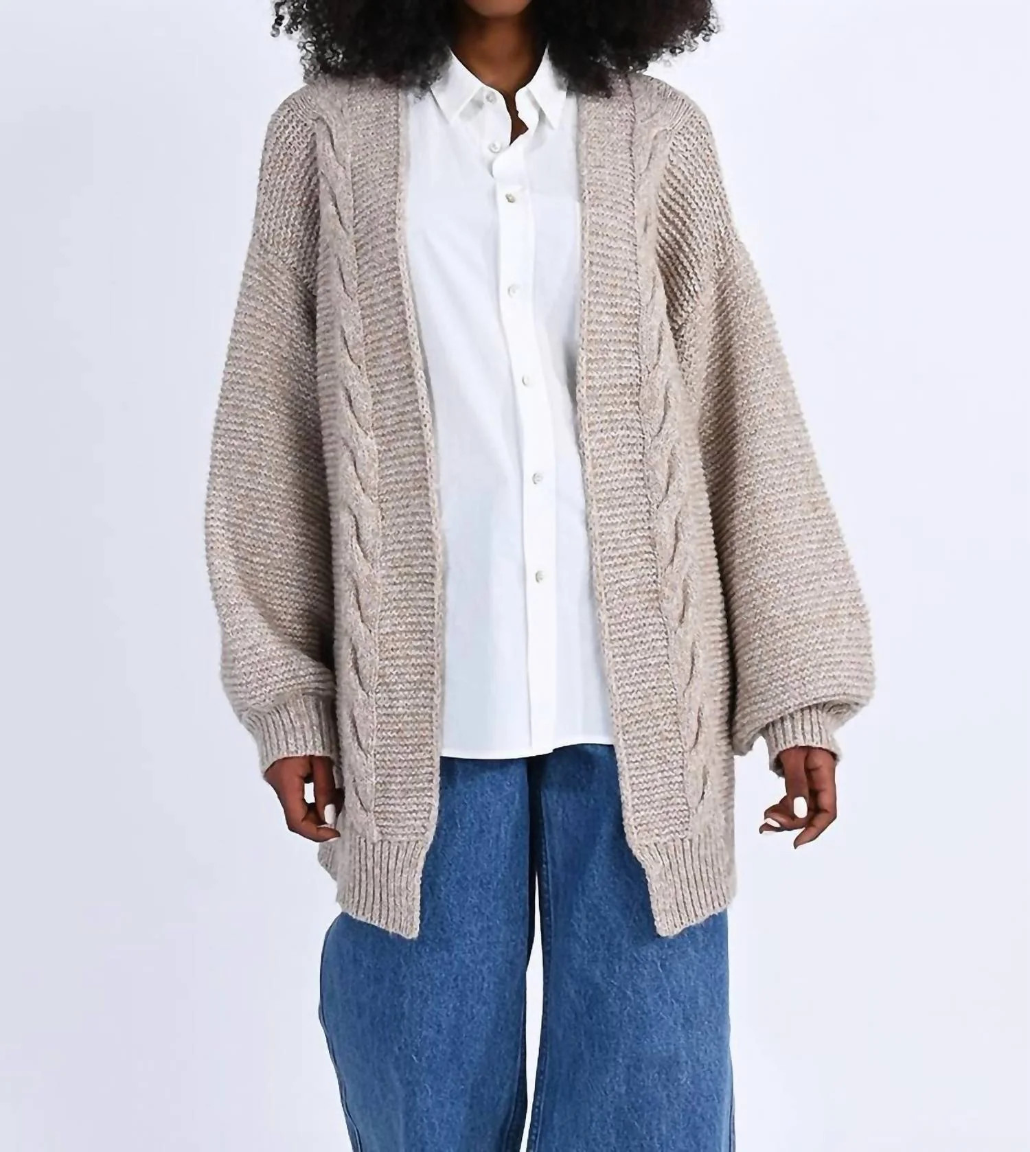 Open Front Cabled Jumper Cardigan In Beige | Shop Simon