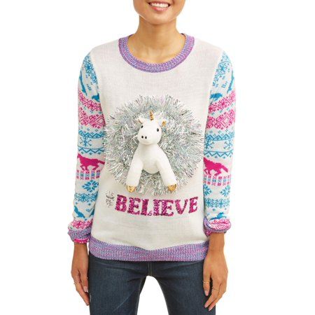 No Boundaries Junior's Plush Holiday Pop-Out Animal Holiday Christmas Sweater | Walmart (US)
