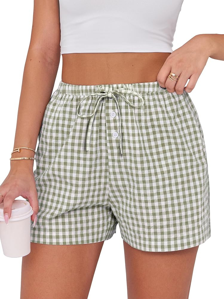 ANRABESS Women's Boxer Shorts Summer Gingham Striped Drawstring Pajama Lounge Shorts With Pockets... | Amazon (US)