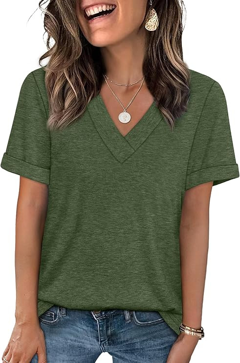 WIHOLL Womens Summer Tops Short Sleeve Basic Casual V Neck T Shirts Trendy Fashion 2026 | Amazon (US)