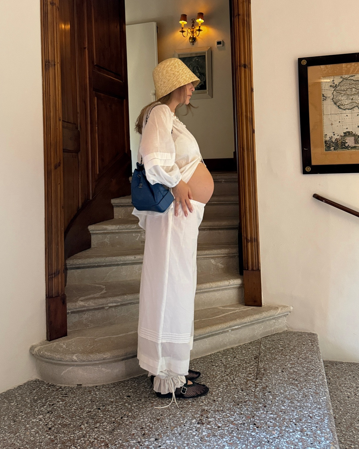 Top: Posse Pearl blouse - size M
Pants: Posse Pearl pants - size M
Backpack: Vintage Chanel Gabrielle Backpack size small 
Hat: Maison ola Le Kim 
Shoes: Alaia Fishnet ballet flats - size 38

#LTKeurope #LTKsummer #LTKmaternity