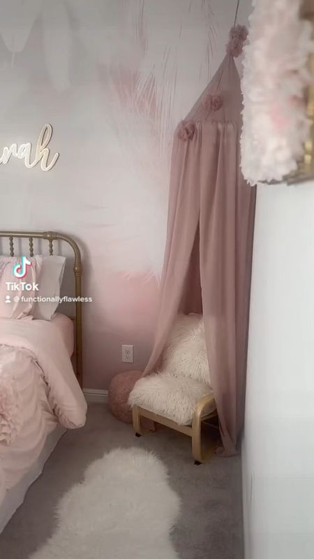 Girls room, girl toddler room, pink room decor, kids room decor, pink little girls room, pink wallpaper, kids wallpaper, princess room, bed canopy, kids bed, twin gold bed, whimsical bedroom 

#LTKhome #LTKstyletip #LTKbaby