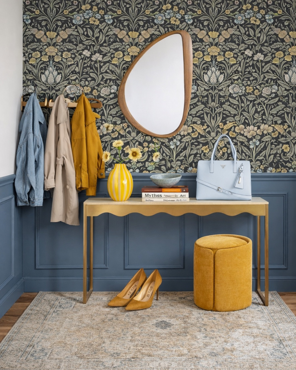 Gorgeous entryway design.I love the fun pops of color! Lovely wallpaper, yellow storage ottoman, beautiful high heels, gorgeous blue purse. Organic mirror and beautiful vase from IKEA. #homedecor #entryway #purse



#LTKHome #LTKSeasonal #LTKSpringSale