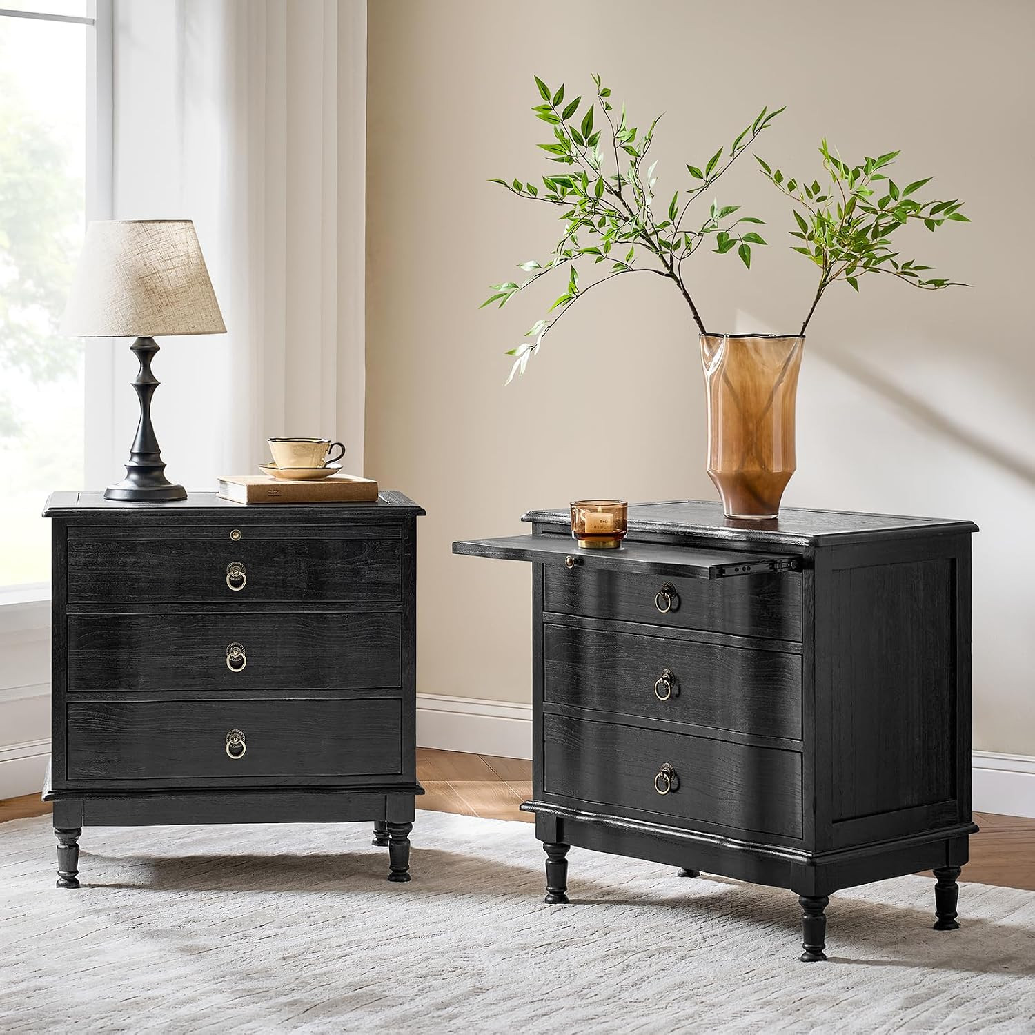 HULALA HOME Solid Wood End Table Set of 2 with Charging Station, 3 Drawer End Table with Pull-Out Tray, USB & Type-C Ports, Traditional Curved Front Accent Side Table for Living Room Sofa, Charcoal | Amazon (US)