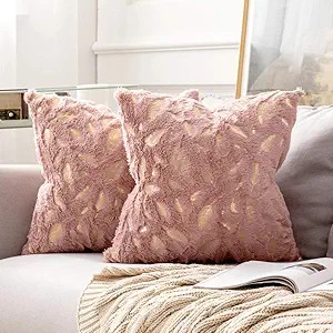 MIULEE Pack of 2 Decorative Throw Pillow Covers Plush Faux Fur with Gold Feathers Gilding Leaves ... | Amazon (US)