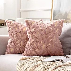 MIULEE Pack of 2 Decorative Throw Pillow Covers Plush Faux Fur with Gold Feathers Gilding Leaves ... | Amazon (US)