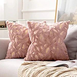 MIULEE Pack of 2 Decorative Throw Pillow Covers Plush Faux Fur with Gold Feathers Gilding Leaves ... | Amazon (US)