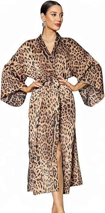 Women Leopard Print Robe Long Kimono Bathrobe Soft Lightweight Lounge Robe Wide Sleeve Sleepwear ... | Amazon (US)