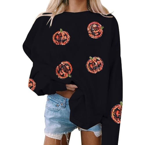 VILOVE Halloween Pumpkin Sequin Sweatshirt Women: Pumpkin Face Long Sleeve Tops Fall Pumpkin Hood... | Amazon (US)