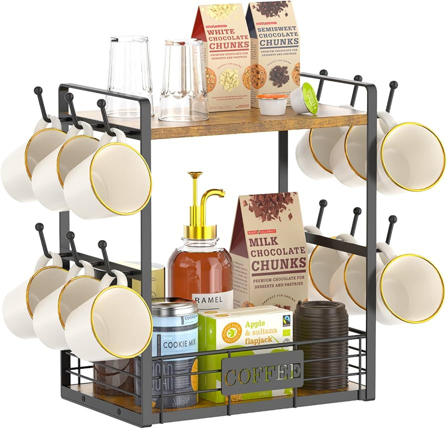 EsLuker.ly 2 Tier Coffee Cup Holder for Countertop, 12 Hooks Coffee Mug Stand Holder Tree with St... | Amazon (US)