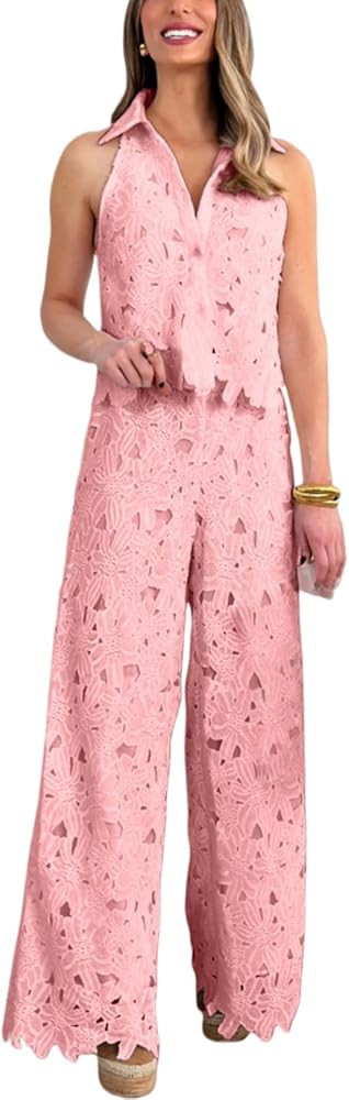 Two Piece Outfits For Women Lapel Hollow Out Lace Vest Pants Set Floral Sleeveless Cropped Vest A... | Amazon (US)