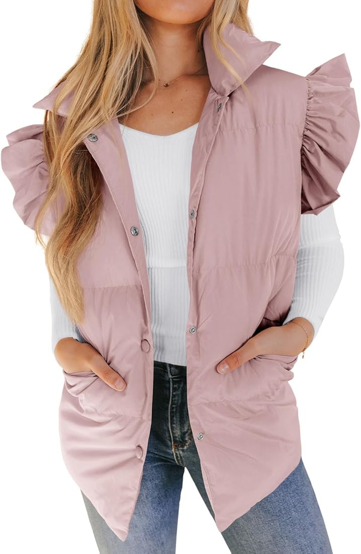 Valphsio Women's Puffer Vests Ruffle Sleeve Winter Button Down Padded Gilet with Pockets | Amazon (US)