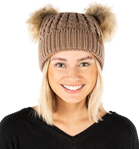 Funky Junque Women’s Double Pom Pom Beanie – Soft Knit Winter Hat for Women & Teens, Warm Cuffed Beanie with Fluffy Faux Fur Poms, Cozy Stylish Cold Weather Taupe/Natural Faux Fur | Amazon (US)