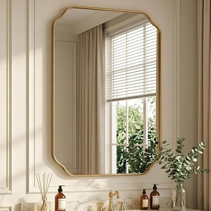 Gold Wall Mirror 32"x24", Scalloped Edge Vanity Mirror - Hangs Vertically/Horizontally Decorative... | Amazon (US)