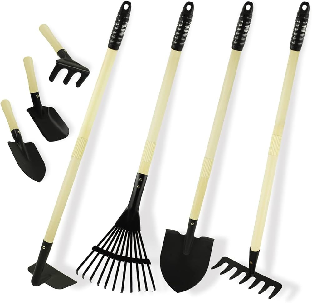 7PCS Kids Gardening Tools, Long Shovel, Rake for Leaves, Spade, Hoe, Steel Heads & Real Wood Hand... | Amazon (US)
