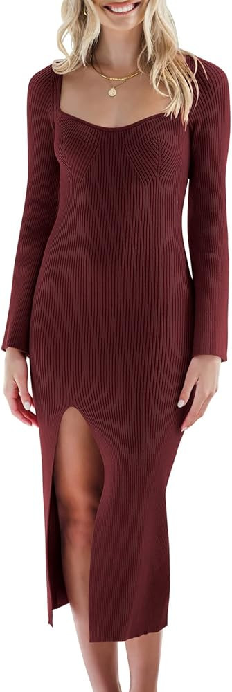 ANRABESS Women's Bell Long Sleeve Sweetheart Neck Slim Fit Ribbed Knit Slit Midi Sweater Dress | Amazon (US)