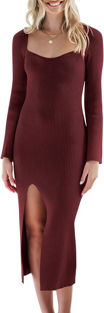 Bell Long Sleeve Sweetheart Neck Slim Fit Ribbed Knit Slit Midi Sweater Dress | Amazon (US)