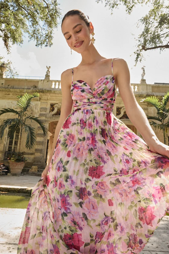 Samika Pink Multi Floral Satin Pleated Maxi Dress | Lulus
