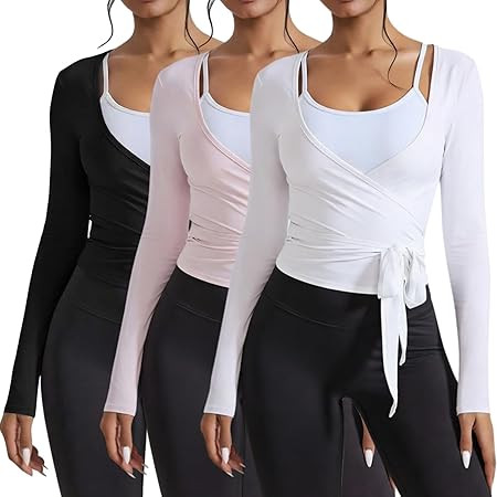 Women Wrap Tie Top Y2k Long SLeeve Ballet Workout Yoga Shirt Coquette Blouses | Amazon (US)