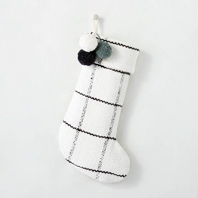 Woven Plaid with Poms Holiday Stocking Gray/Cream - Hearth & Hand™ with Magnolia | Target