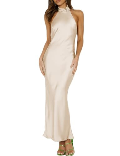 Phicia Sexy Satin Halter Neck Backless Maxi Dress for Women Elegant Tie Cowl Back Formal Wedding ... | Amazon (US)
