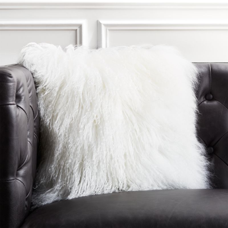 16" Mongolian Sheepskin White Fur Pillow with Down-Alternative InsertCB2 Exclusive In stock and r... | CB2