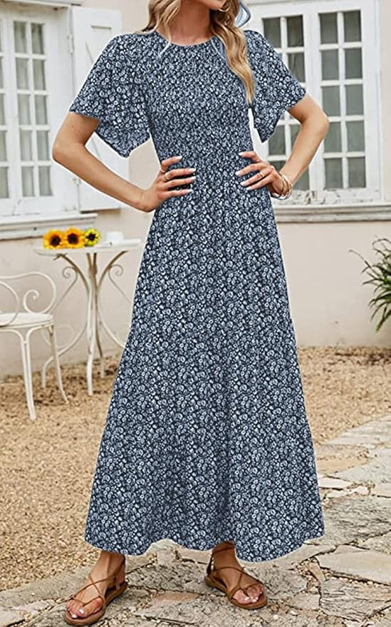 PRETTYGARDEN Women's 2025 Summer Casual Flutter Short Sleeve Boho Floral Maxi Dress Crew Neck Smo... | Amazon (US)