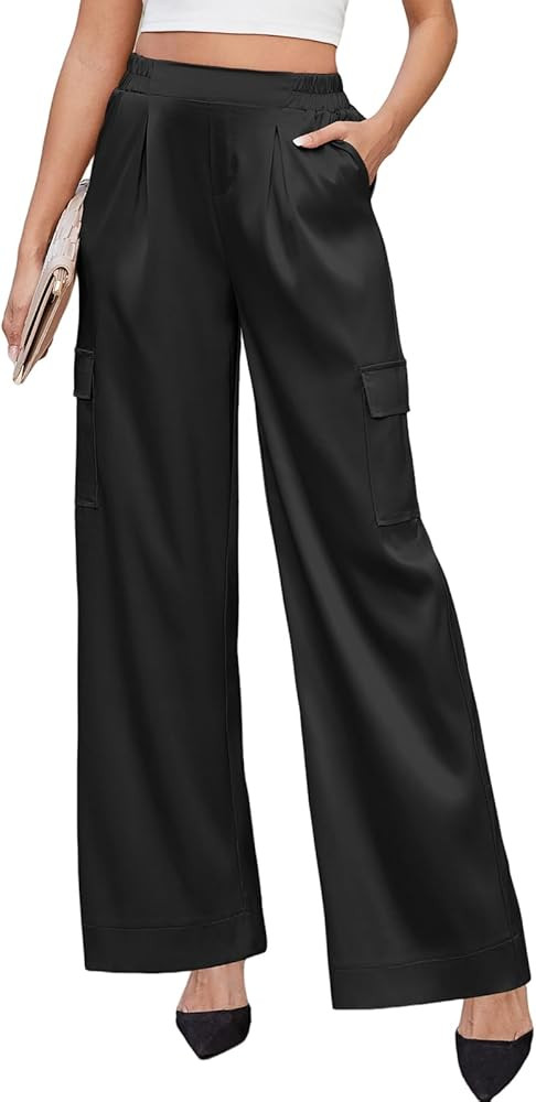 ZAFUL Womens Satin Pants Wide Leg High Waisted Cargo Pants Silky Dressy Casual Slack Trousers | Amazon (US)