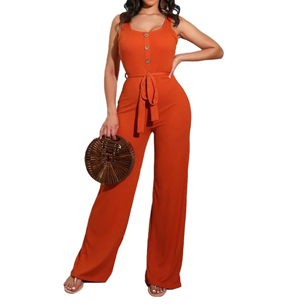 JEsilunmaMY Womens Buttons Tie Waist Tank Jumpsuits Sleeveless Scoop Neck Wide Leg Rompers Solid ... | Amazon (US)